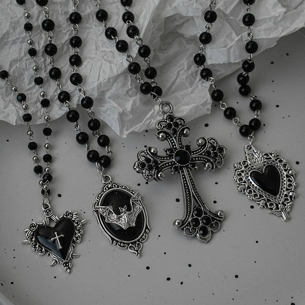 Gothic Bat Cross Necklace Set - Y2K Thorn Love Black Beaded Layered Jewelry for Halloween Parties