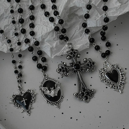 Gothic Bat Cross Necklace Set - Y2K Thorn Love Black Beaded Layered Jewelry for Halloween Parties