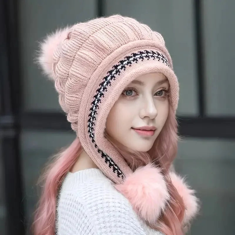 Cozy Knit Fleece Beanie with Ear Flaps & Pompom — Warm Winter Hat for Women, Ideal for Skiing & Outdoors