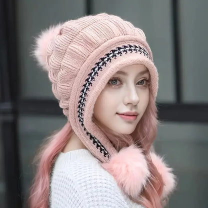 Cozy Knit Fleece Beanie with Ear Flaps & Pompom — Warm Winter Hat for Women, Ideal for Skiing & Outdoors