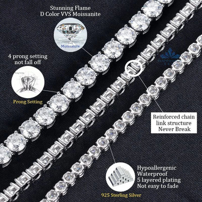 3–6.5MM D Color Moissanite Tennis Bracelet & Necklace Set – Hip Hop S925 Sterling Silver White Gold Plated Jewelry for Men & Women