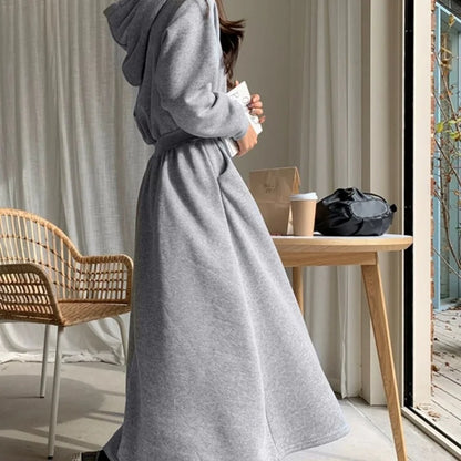 Women's Hooded Maxi Dress - Autumn Winter Long Sleeve Cotton Pullover A-Line Ribbed Dress