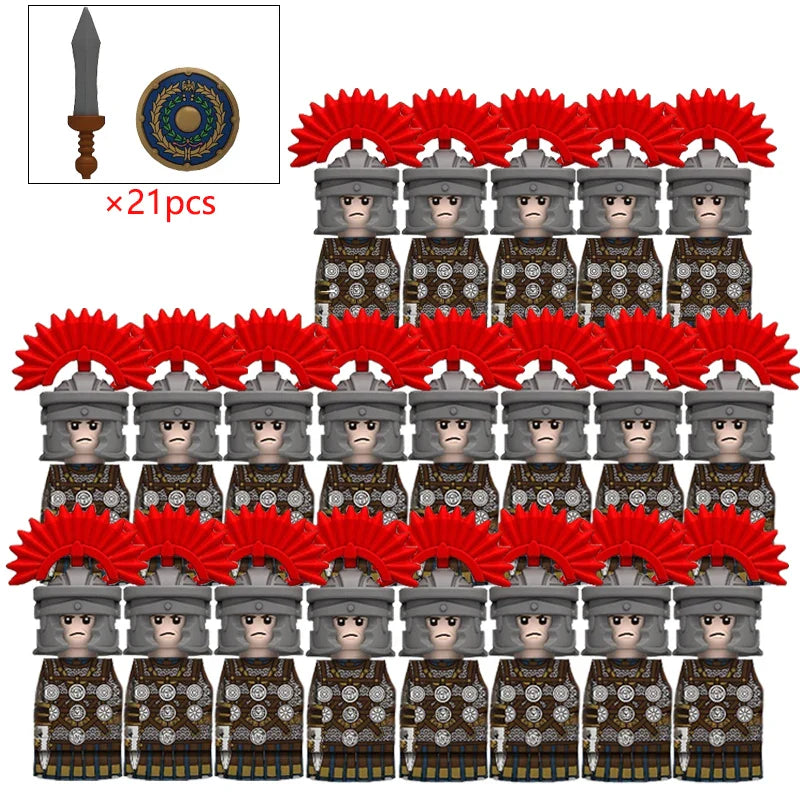 21PCS MOC Medieval Knights & Roman Legion Soldiers Building Blocks Set Warrior Figures with Weapons Helmet Bricks Toy Collection