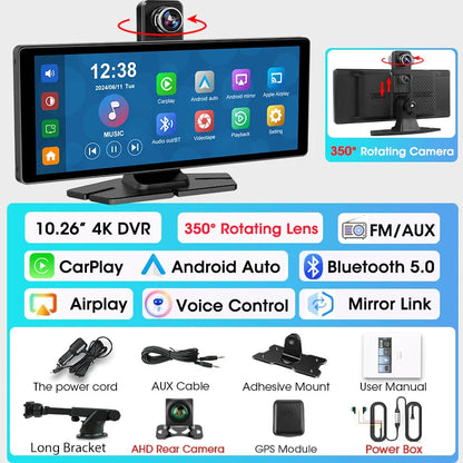 7"/10.26" 4K Dash Cam — Car DVR with Wireless CarPlay, Android Auto, 350° Rotating Lens, GPS & Bluetooth