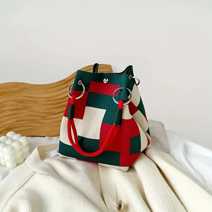 Multi-Color Knitted Retro Bucket Handbag – Color-Block, Versatile & Easy-to-Carry Purse