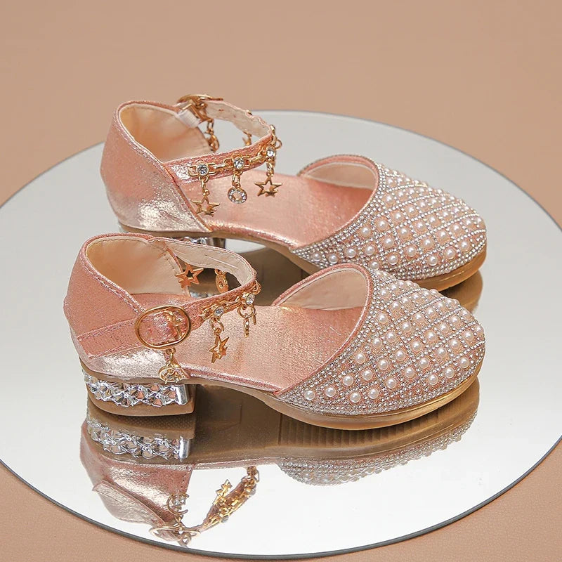 Girls Glitter Rhinestone High Heel Shoes - Princess Dress Shoes for Weddings and Parties