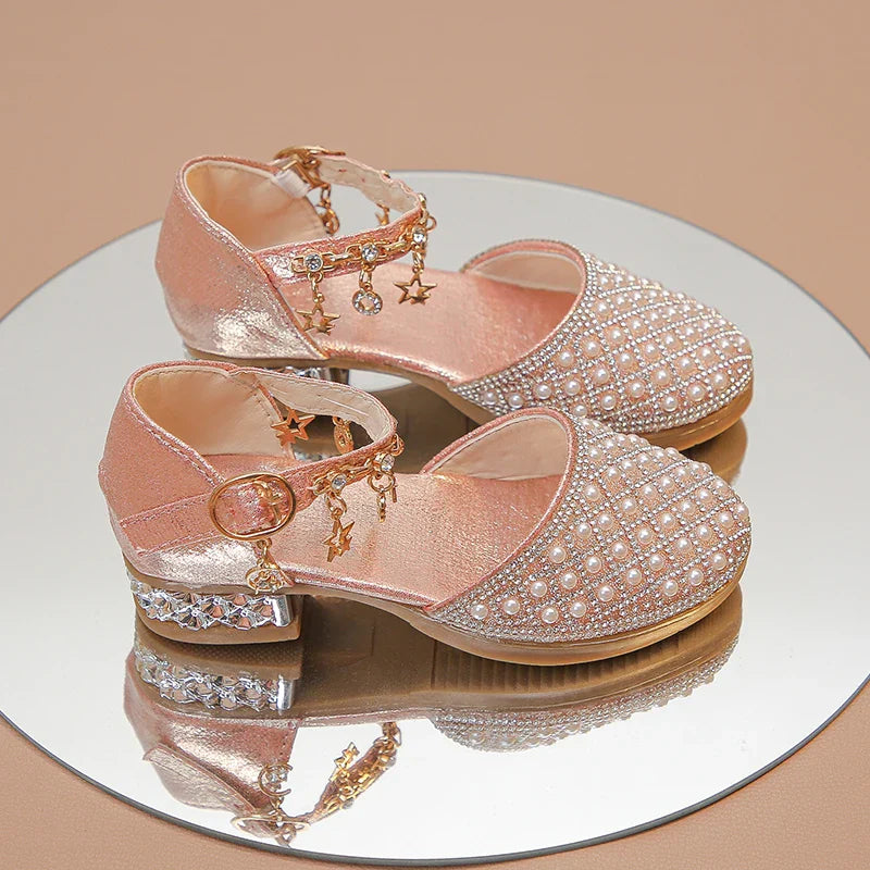 Girls’ Glitter High Heel Dress Shoes – Rhinestone Pendant Princess Shoes for Wedding & Party