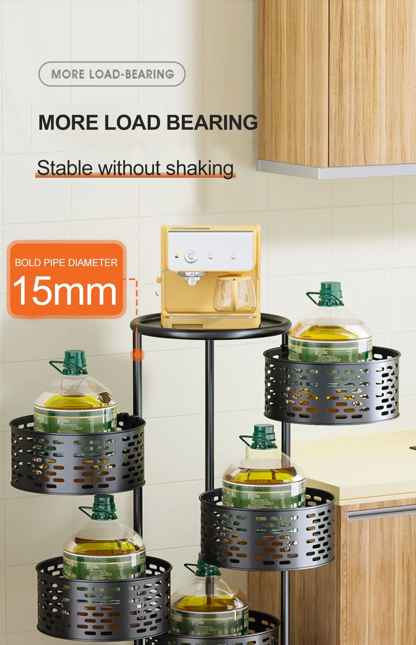 5 Layer Stainless Steel Rotating Shelf - Kitchen & Bathroom Storage Baskets, Fruit & Vegetable Rack with Wheels
