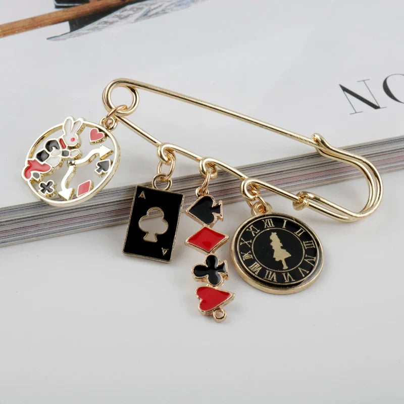 Alice in Wonderland Brooch - Cute Enamel Rabbit, Clock and Poker Shape Pins for Bags, Hats and Clothing