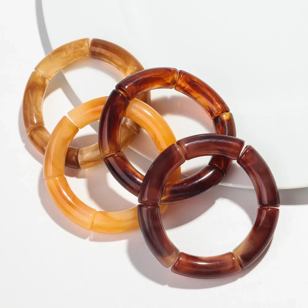 Fashion 4PCS Resin Amber Bamboo Bead Acrylic Elastic Bracelet Set — Trendy 2024 Handmade Bangles
