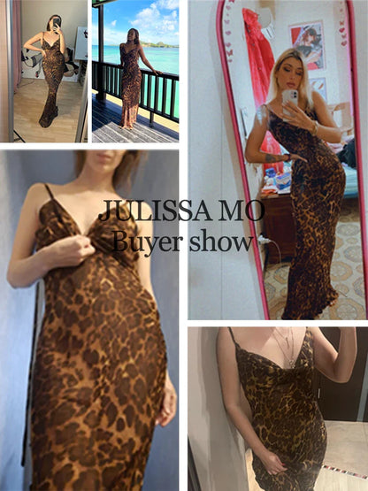 Julissa Mo Leopard Print V-Neck Bodycon Long Dress - Lace Up Backless Summer Dresses for Women, Straps Party Beach Vestidos