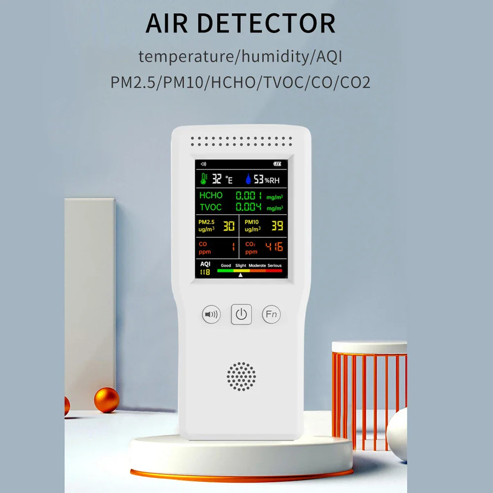9-in-1 Air Quality Detector – Digital LCD Monitor for PM2.5, PM10, HCHO, TVOC, CO, CO2, AQI, Temperature, and Humidity