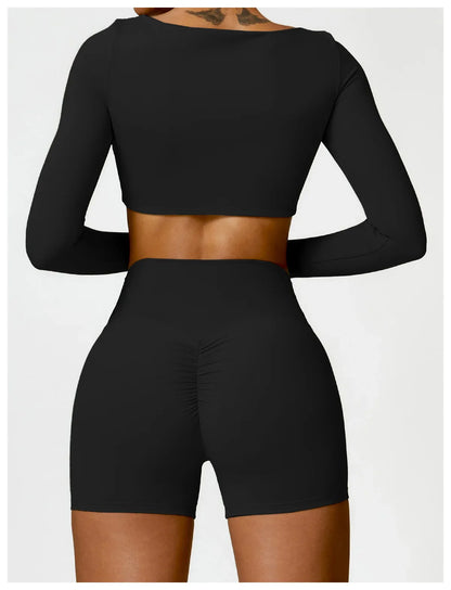 Hearuisavy 2PCS Long Sleeve Gym Set for Women, Quick-Drying Yoga Clothes, Sportswear, Running Leggings, Workout Sports Crop Top