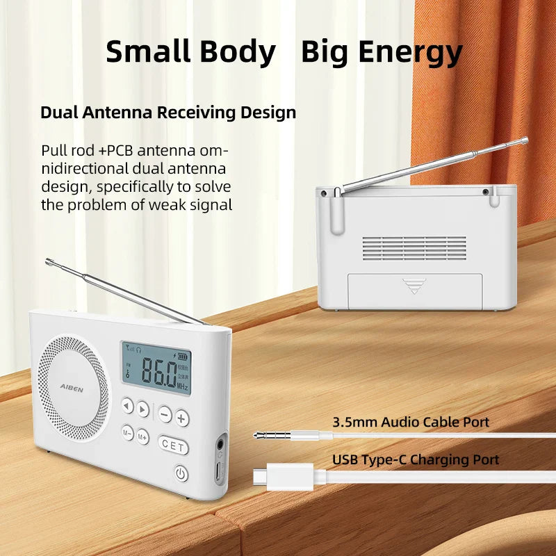 AIBEN C5S Mini Portable Radio — Handheld Rechargeable Digital FM Radio with USB Charging Port & Built-In Speaker
