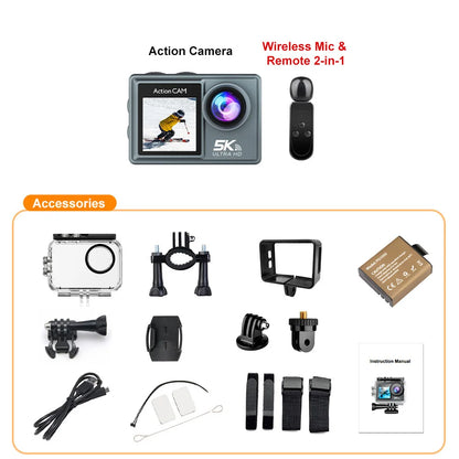 5K Action Camera – 4K 60FPS Dual IPS Touchscreen, WiFi, 170° Wide-Angle, 30M Waterproof, 5X Zoom, Anti-Shake, Remote Control