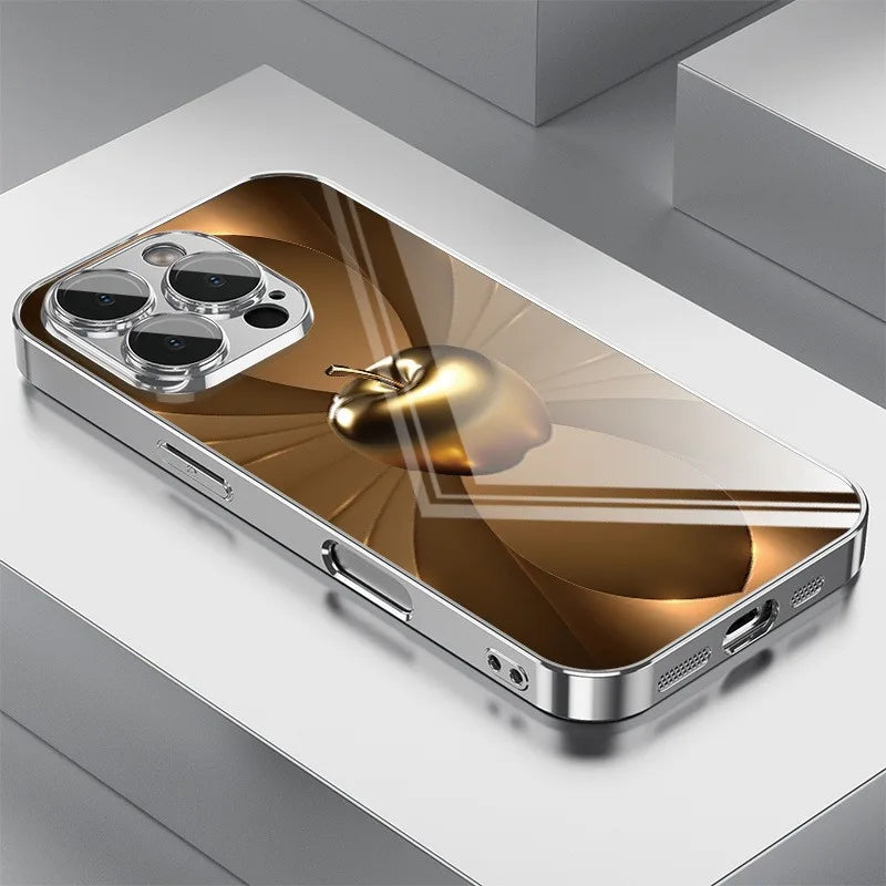 Apple Pattern Tempered Glass Phone Case - Electroplated Metal Style Cover for iPhone 12-18 Pro Max, Plus & 17 Air