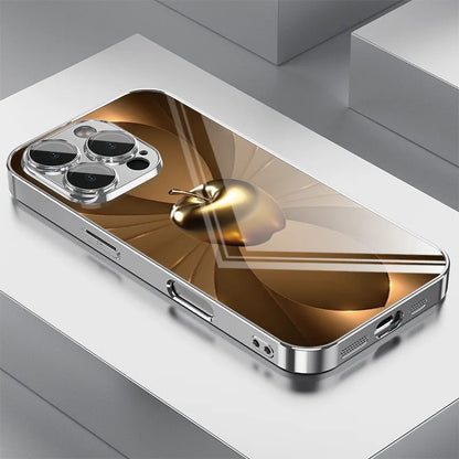 Apple Pattern Tempered Glass Phone Case - Electroplated Metal Style Cover for iPhone 12-18 Pro Max, Plus & 17 Air