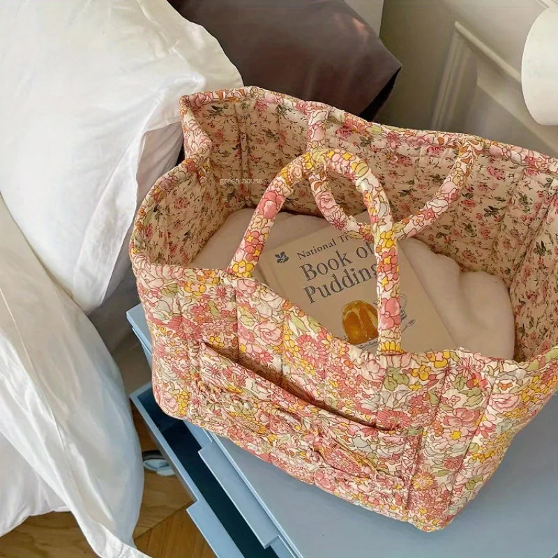 Floral Fabric Storage Bins with Handles – Foldable Desktop Organizer Basket for Clothes, Underwear & Home Decor Multi-Compartment Storage