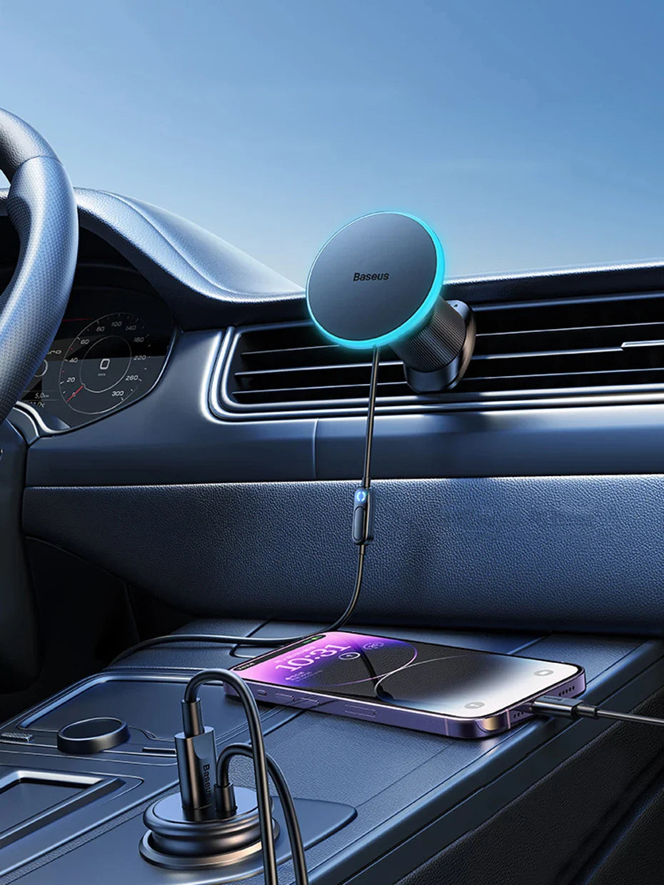 Baseus 15W Magnetic Wireless Car Charger – Fast Charging Phone Holder with Light Effect for iPhone 15/14/13 Pro Max