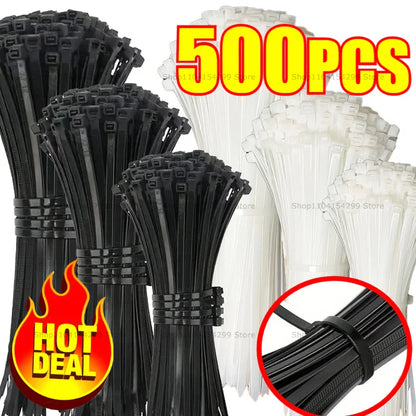 Heavy Duty Nylon Cable Ties 100–500PCS – Strong Adjustable Plastic Clamping Wraps & Fixation Tie Straps for Cable Management