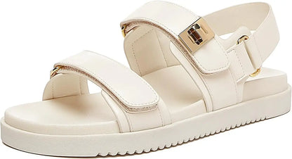 Women’s Flat Leather Sandals – Adjustable Double Strap Slip-On Comfort Footbed Shoes