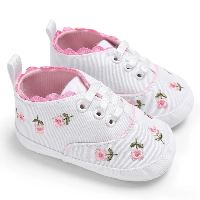 Baby Girl Pre-Walker Shoes - Floral Embroidery Bow Princess Sneakers, Soft Sole Casual Footwear 0–18M
