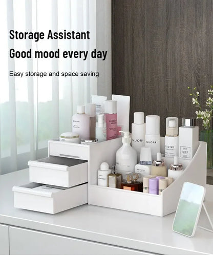 White New Drawer Makeup Storage Box – Plastic Dormitory & Desktop Organizer for Cosmetics & Skin Care – Dressing Table Storage Solution