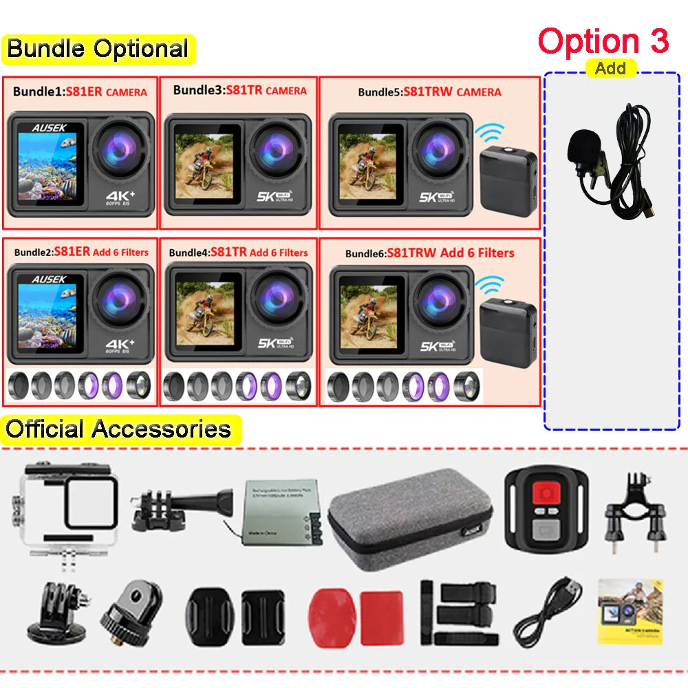 AUSEK S81TRW 5K Action Camera – 4K60FPS, 48MP, EIS, 5X Zoom, 1080P Webcam, Wi-Fi Vlog Sports Cam with Remote & Optional Filters