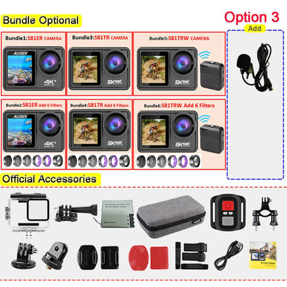AUSEK S81TRW 5K Action Camera – 4K60FPS, 48MP, EIS, 5X Zoom, 1080P Webcam, Wi-Fi Vlog Sports Cam with Remote & Optional Filters