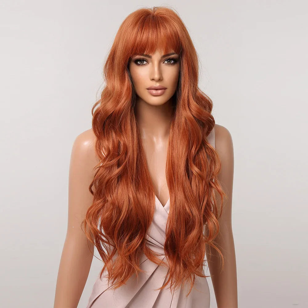Orange Copper Ginger Long Wavy Synthetic Wig – Red & Yellow Wig with Bangs, Cosplay Body Wave, Heat-Resistant Hair for Women