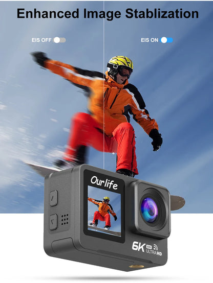 6K 4K60FPS Action Camera – 50MP Dual Screen, 2.0" Touch LCD, EIS, WiFi, 170° Lens, 30M Waterproof, 5X Zoom with Remote
