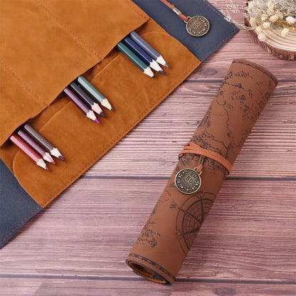 Creative Retro Leather Pencil Case – Large Capacity Roll-Up Bag with Embossed Treasure Map & Buckle Closure