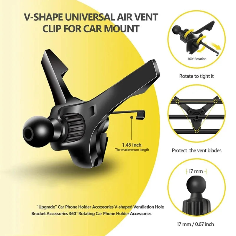 17mm Ball-Head Car Air Vent Clip — Universal Air Outlet Phone Holder Hook Clamp for Mobile & GPS