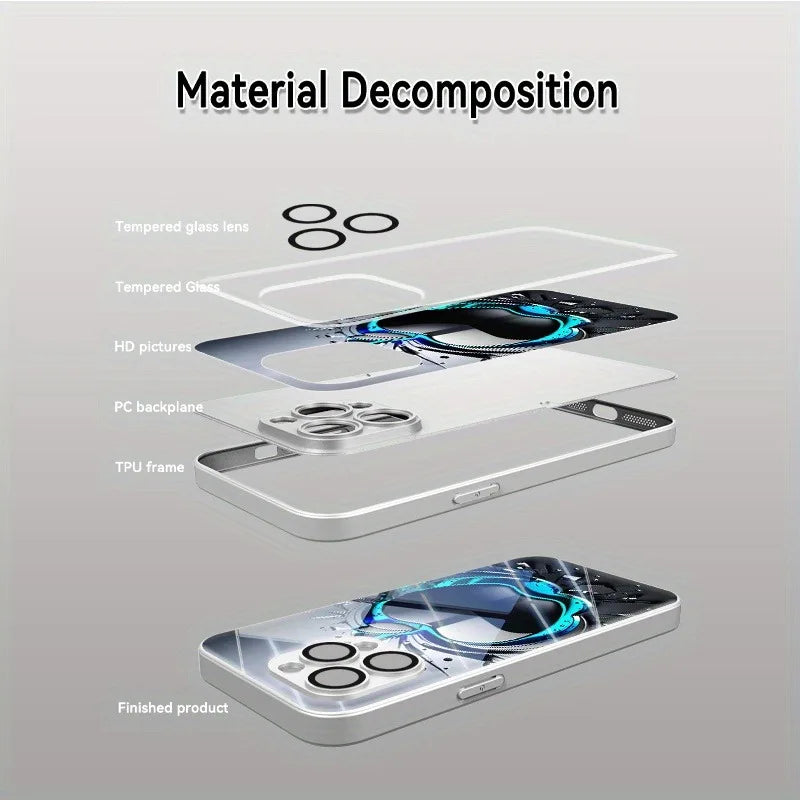 Black Grey Apple Pattern Glass Phone Case - Electroplated Protective Cover for iPhone 11-18 Pro Max, Plus, 16E & 17 Air