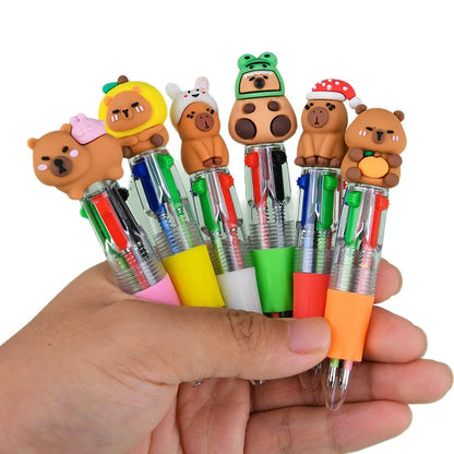 4-Color Retractable Ballpoint Pen Set - Cute Capybara Cartoon Journal Pens for Students & Gifts