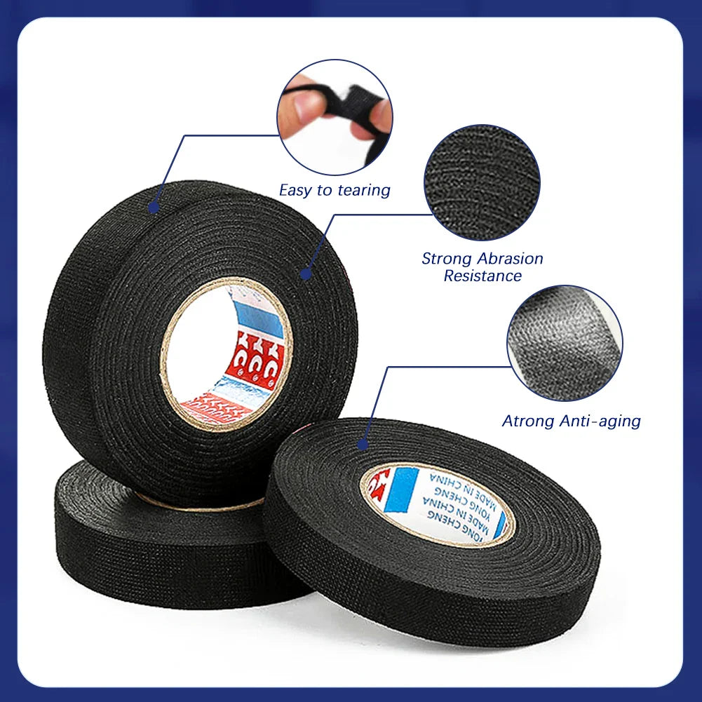 15M Heat-Resistant Fabric Tape – 9/15/19/25/32MM Adhesive Cloth for Automotive Cable, Wiring Harness & Electrical Loom