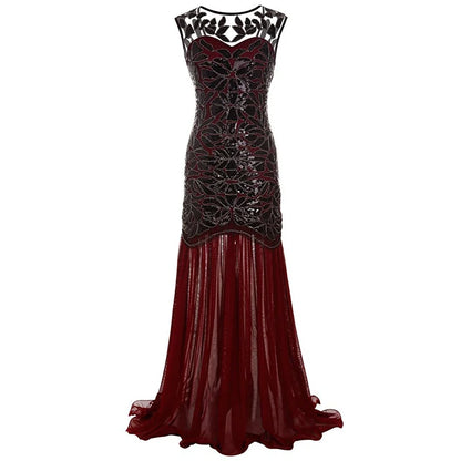 Women’s 1920s Great Gatsby Flapper Dress – Vintage V-Neck Sequin & Bead Long Mesh Maxi Party Prom Gown