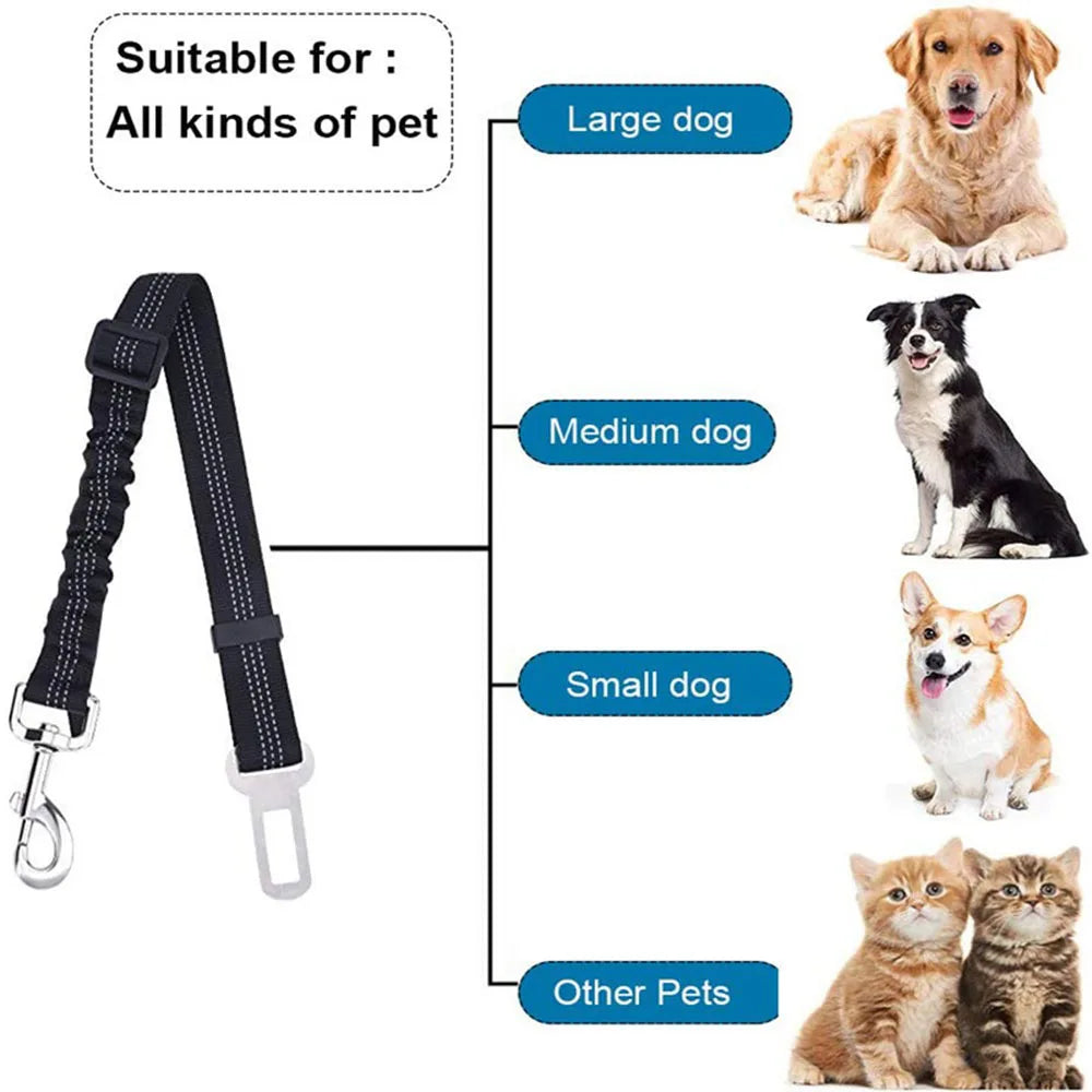 Adjustable Dog Car Seat Belt Harness – Nylon Reflective Elastic Safety Strap with Cushioning for Pet Travel