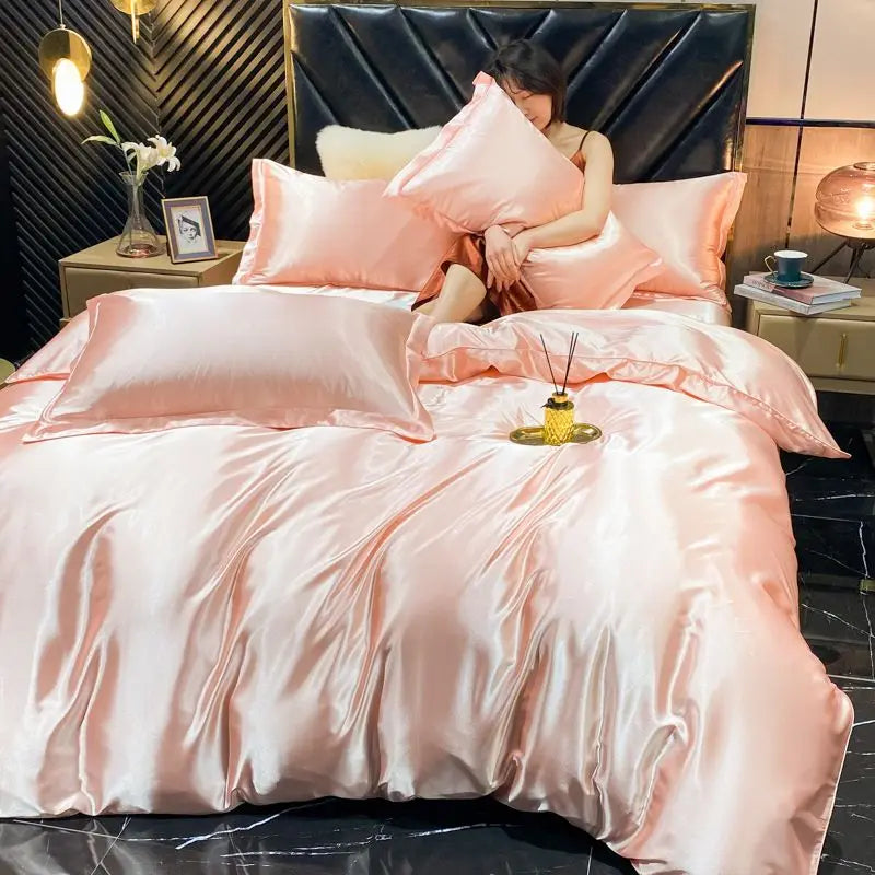 Solid Rayon Silk Bedding Set - Luxury Satin Duvet Cover Bed Sheet Pillowcase Set For King Single Double Couple Beds