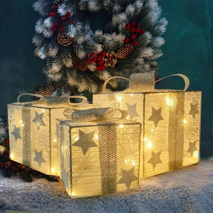 3-Piece Christmas LED Gift Box Set - Lighted Indoor & Outdoor Holiday Decoration