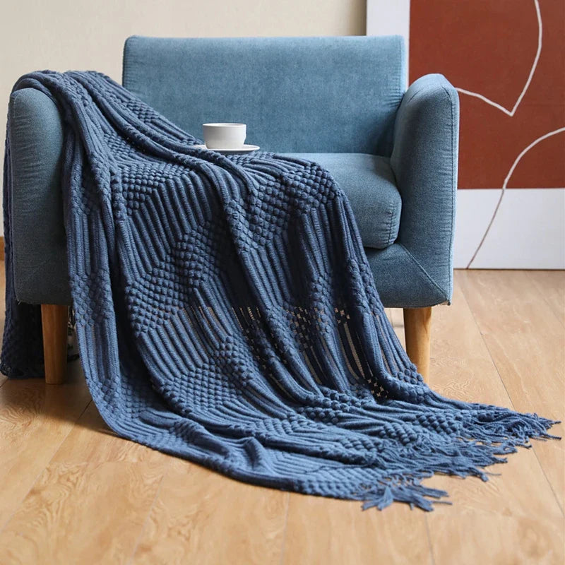 White Boho Throw Blanket – Textured Chunky Knitted Vintage Luxury Bedspread, Sofa Cover Manta Para Sofá