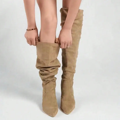 2025 Women’s Retro Black Suede Knee-High Boots – Pointed Toe, High Heel, Plus Size