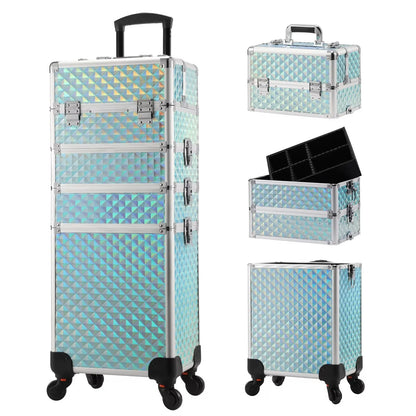 Makeup Trolley Case 4-in-1 — Detachable Alloy Train Briefcase with Wheels, Lockable Large Capacity Storage for Nail Manicure Salon