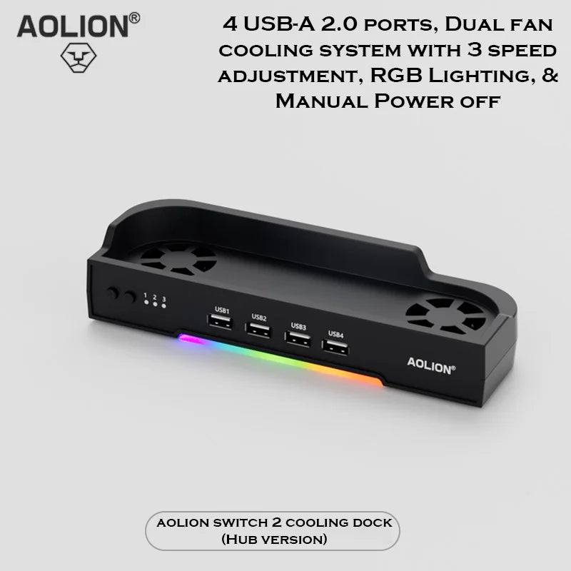Aolion Switch 2 RGB Cooling Dock – Portable Hub Expansion Base with Wall Mount & NGC Support