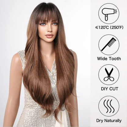Ombre Honey Brown Long Synthetic Wig with Bangs — Wavy, Realistic, Soft, Heat-Resistant Hair for Daily & Party