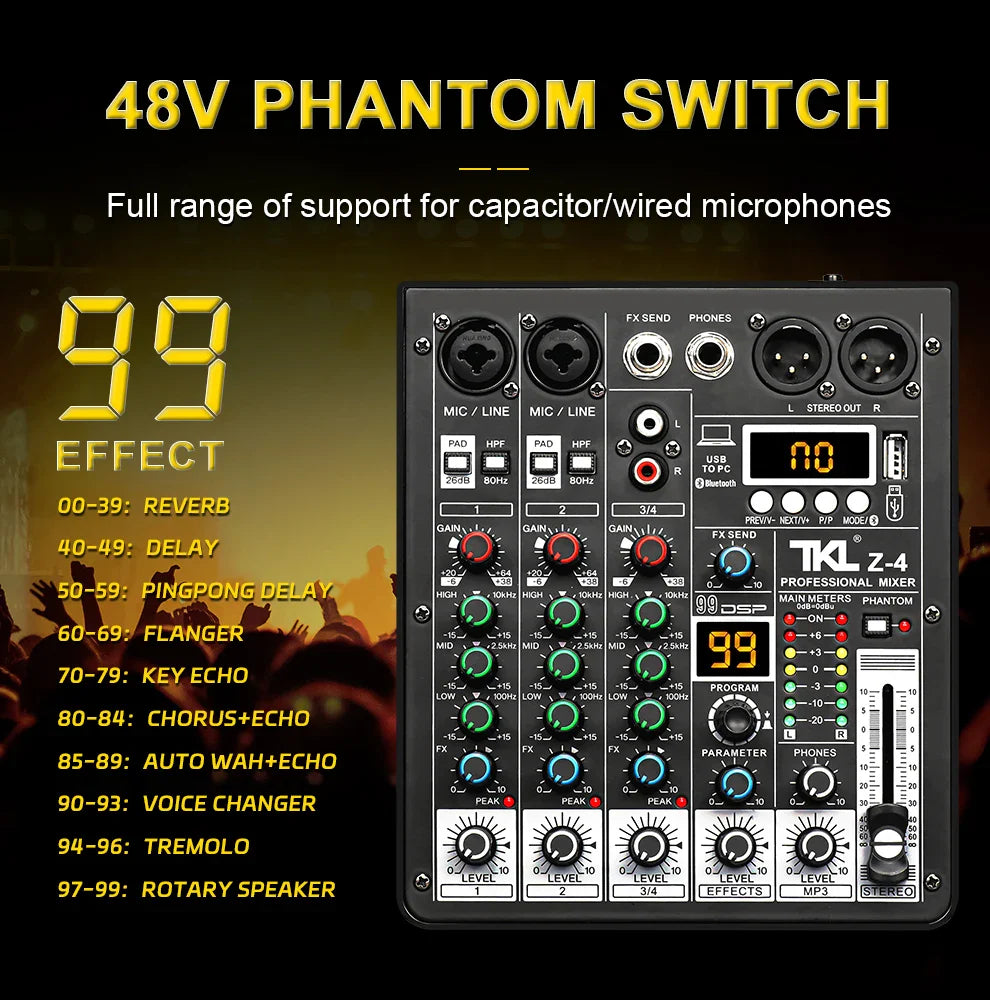 TKL 4 Channel DSP Audio Mixer – 99 Effects, 48V Phantom Power, USB, Bluetooth DJ Console for Karaoke and Studio Sound