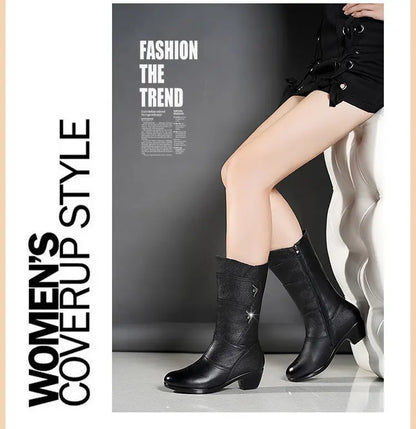 2024 Women’s Fashion Mid-Calf Boots – Waterproof Leather, Anti-Slip Zipper Winter Footwear