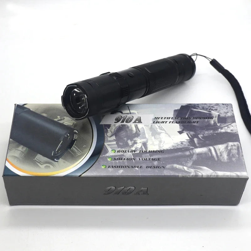 910A Rechargeable Self-Defense Flashlight — High-Power Outdoor Torch with Large Capacity Battery, Black