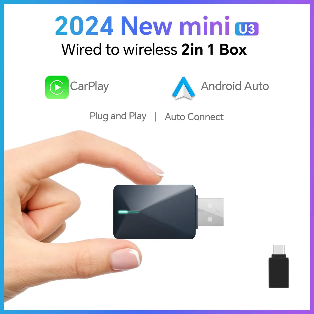 BYLITU 2-in-1 MINI U3 Wireless Adapter – CarPlay & Android Car Smart Box, USB Plug and Play with Fast WiFi Connection