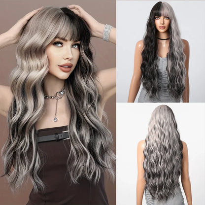 Light Green Long Wavy Synthetic Wig with Bangs – Blackish Green Cosplay & Lolita Style, Heat-Resistant for Women